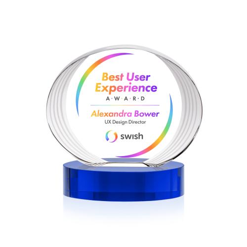 Awards and Plaques - Crystal Trophies - Schaffer Full Color on Base Blue Circle Crystal Trophy