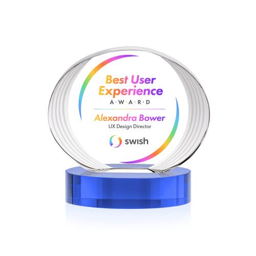Awards and Plaques - Crystal Trophies - Schaffer Full Color on Base Sky Blue Circle Crystal Trophy