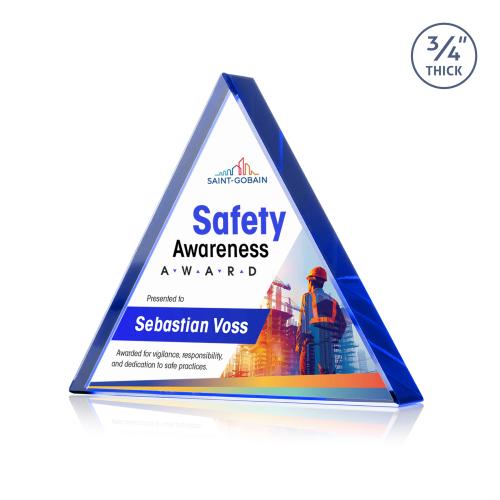 Awards and Plaques - Crystal Trophies - Arriaga Triangle Full Color Blue Pyramid Crystal Trophy
