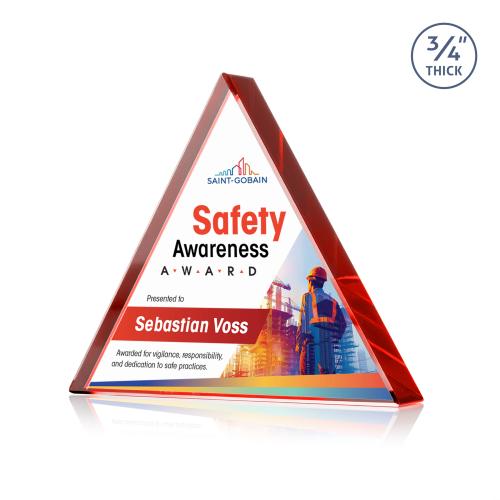 Awards and Plaques - Crystal Trophies - Arriaga Triangle Full Color Red Pyramid Crystal Trophy