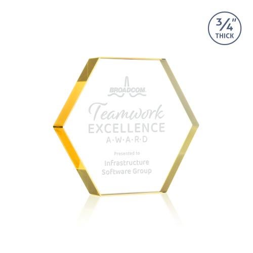 Awards and Plaques - Crystal Trophies - Gilford Hexagon Gold Polygon Crystal Trophy