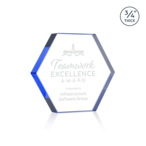 Awards and Plaques - Crystal Trophies - Gilford Hexagon Blue Polygon Crystal Trophy