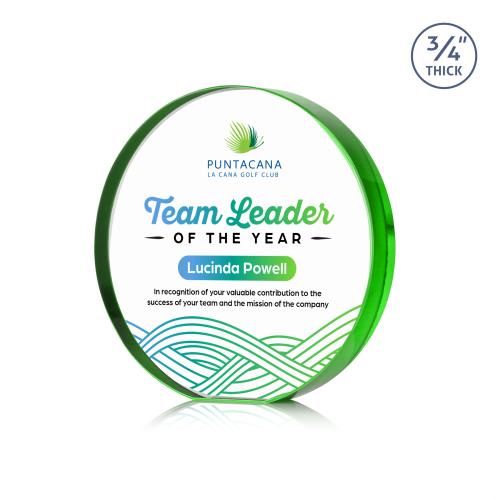 Awards and Plaques - Crystal Trophies - McMahon Full Color Green Circle Crystal Trophy