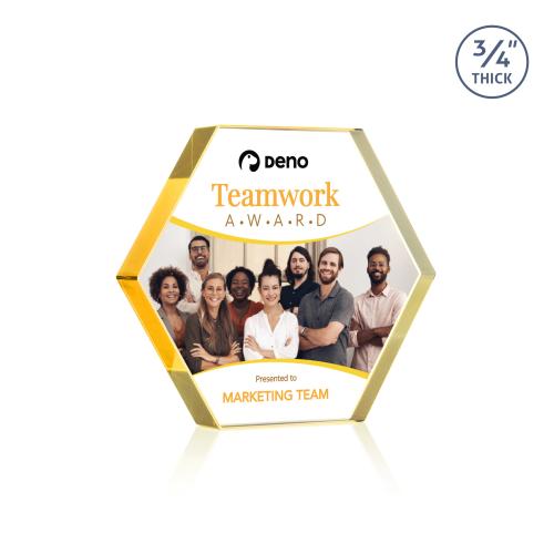 Awards and Plaques - Crystal Trophies - Gilford Hexagon Full Color Gold Polygon Crystal Trophy
