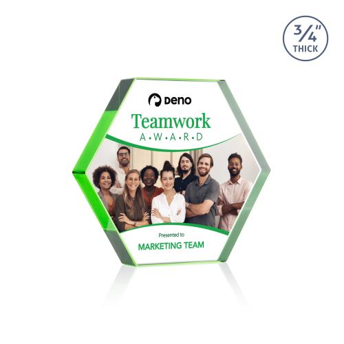 Awards and Plaques - Crystal Trophies - Gilford Hexagon Full Color Green Polygon Crystal Trophy