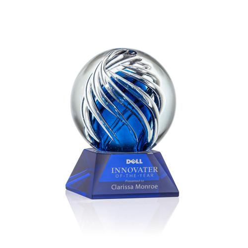 Awards and Plaques - Glass Trophies - Art Glass Trophies - Truong on Cahill Base Blue Globe Glass Trophy