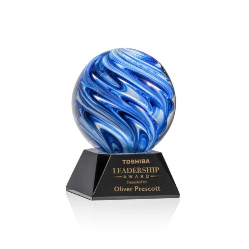 Awards and Plaques - Glass Trophies - Art Glass Trophies - Neptune on Cahill Base Black Globe Glass Trophy