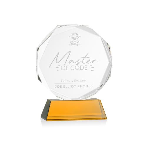 Awards and Plaques - Crystal Trophies - Acadian on Helton Base Amber Polygon Crystal Trophy