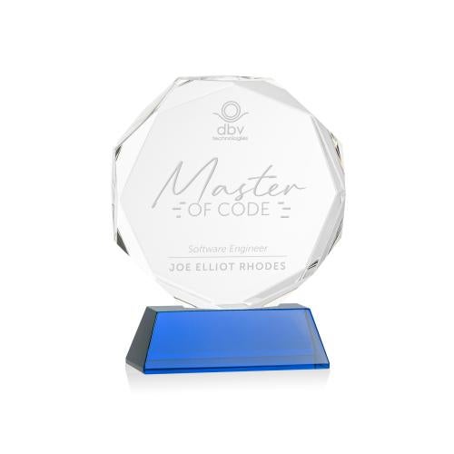 Awards and Plaques - Crystal Trophies - Acadian on Helton Base Blue Polygon Crystal Trophy