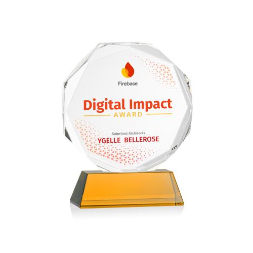 Awards and Plaques - Crystal Trophies - Acadian Full Color on Helton Base Amber Polygon Crystal Trophy