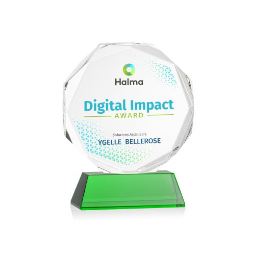 Awards and Plaques - Crystal Trophies - Acadian Full Color on Helton Base Green Polygon Crystal Trophy