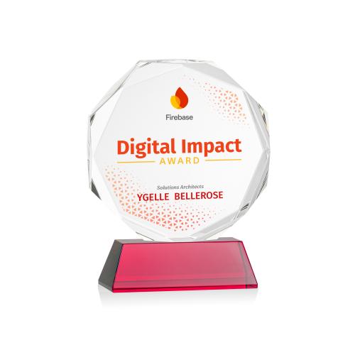Awards and Plaques - Crystal Trophies - Acadian Full Color on Helton Base Red Polygon Crystal Trophy