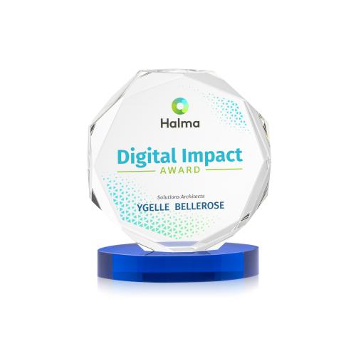 Awards and Plaques - Crystal Trophies - Acadian Full Color on Alberton Base Blue Polygon Crystal Trophy