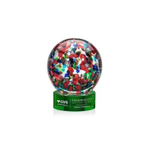 Awards and Plaques - Glass Trophies - Art Glass Trophies - Knapp on Lockwood Base Green Globe Glass Trophy