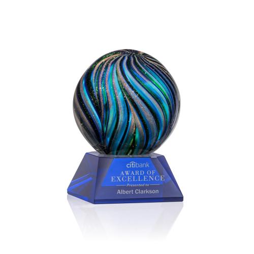 Awards and Plaques - Glass Trophies - Art Glass Trophies - McCray on Cahill Base Blue Globe Glass Trophy