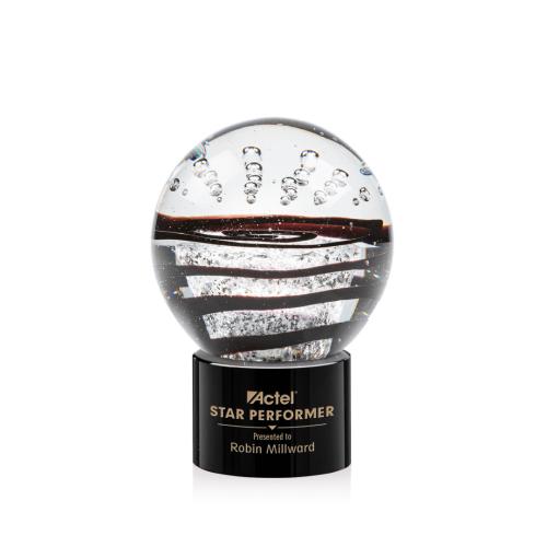 Awards and Plaques - Glass Trophies - Art Glass Trophies - Cummins on Round Base Black Globe Glass Trophy