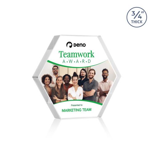 Awards and Plaques - Crystal Trophies - Gilford Hexagon Full Color Clear Polygon Crystal Trophy