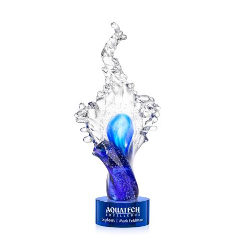 Awards and Plaques - Glass Trophies - Breaker on Round Base Blue Unique Glass Trophy