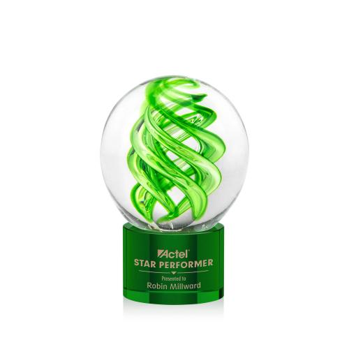 Awards and Plaques - Glass Trophies - Longoria on Round Base Green Globe Glass Trophy