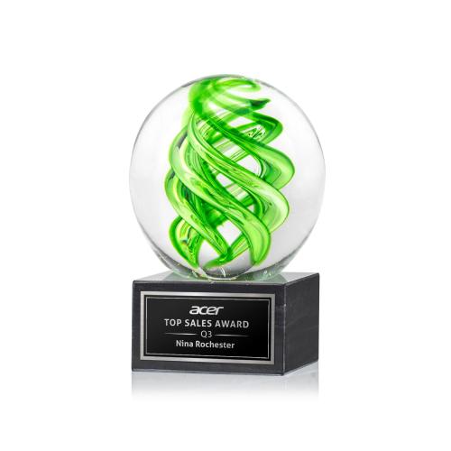 Awards and Plaques - Glass Trophies - Longoria on Square Marble Base Black Globe Glass Trophy