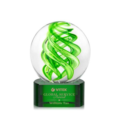 Awards and Plaques - Glass Trophies - Longoria on Half Round Base Green Globe Glass Trophy
