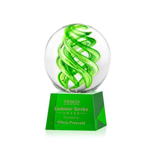 Awards and Plaques - Glass Trophies - Longoria on Small Crystal Base Green Globe Glass Trophy