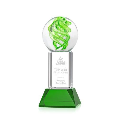 Awards and Plaques - Glass Trophies - Longoria on Tower Base Green Globe Glass Trophy