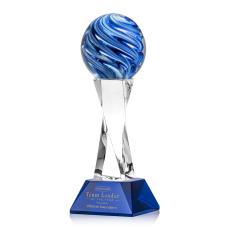 Neptune on Spirale Spire Base Blue Globe Glass Trophy - Glass Trophies