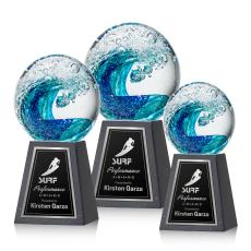 Ocean Wave Globe on Tall Marble Glass Trophy - Glass Trophies