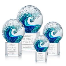 Ocean Wave Globe on Square Crystal Base Glass Trophy - Art Glass Trophies