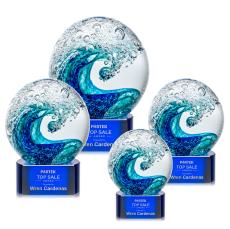 Ocean Wave on Half Round Blue Globe Glass Trophy - Art Glass Trophies
