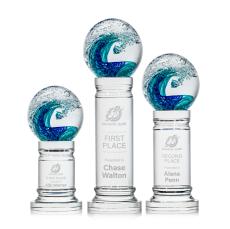 Ocean Wave Globe on Crystal Pedestal Base Glass Trophy - Art Glass Trophies
