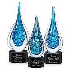 Madsen on Round Base Black Tear Drop Glass Trophy - Art Glass Trophies