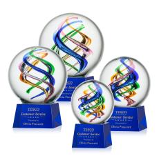 Blackburn on Small Crystal Base Blue Globe Glass Trophy - Art Glass Trophies