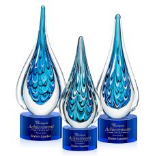 Madsen on Round Base Blue Tear Drop Glass Trophy - Glass Trophies