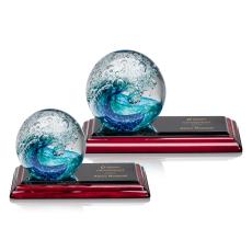 Ocean Wave Globe on Rosewood Base Glass Trophy - Art Glass Trophies