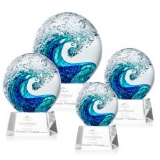 Ocean Wave Globe on Small Crystal Clear Glass Trophy - Glass Trophies