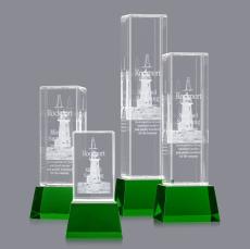 Small 3D on Base Green Towers Crystal Trophy - Crystal Trophies