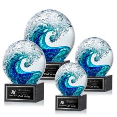 Ocean Wave Globe on Square Marble Glass Trophy - Art Glass Trophies