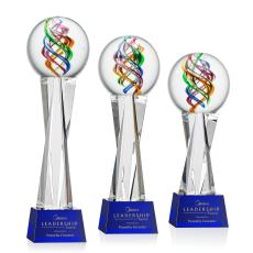 Blackburn on Saldana Crystal Base Blue Globe Glass Trophy - Art Glass Trophies