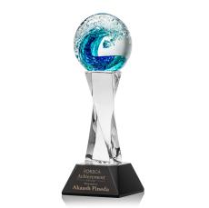 Ocean Wave on Spirale Spire Black Towers Glass Trophy - Art Glass Trophies
