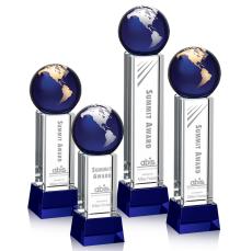 Caballero on Base Blue/Gold Globe Crystal Trophy - Crystal Trophies