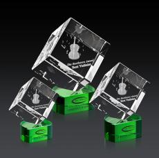 Klein 3D on Half Round Base Green Square / Cube Crystal Trophy - Crystal Trophies