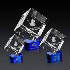 Klein 3D on Half Round Base Blue Square / Cube Crystal Trophy - Crystal Trophies