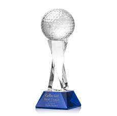 Golf Ball on Spirale Spire Base Blue Globe Crystal Trophy - Trophies