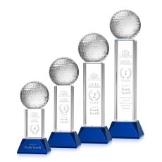 Golf Ball on Tower Base Blue Globe Crystal Trophy - Trophies
