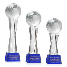 Soccer Ball on Saldana Base Blue Globe Crystal Trophy - Trophies