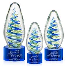Jezebel on Round Base Blue Tear Drop Glass Trophy - Glass Trophies