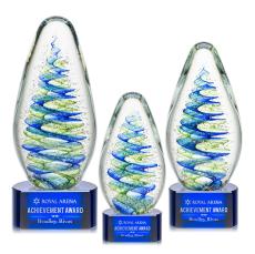 Jezebel on Half Round Base Blue Tear Drop Glass Trophy - Glass Trophies