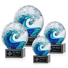 Ocean Wave on Plated Crystal Base Black Globe Glass Trophy - Glass Trophies
